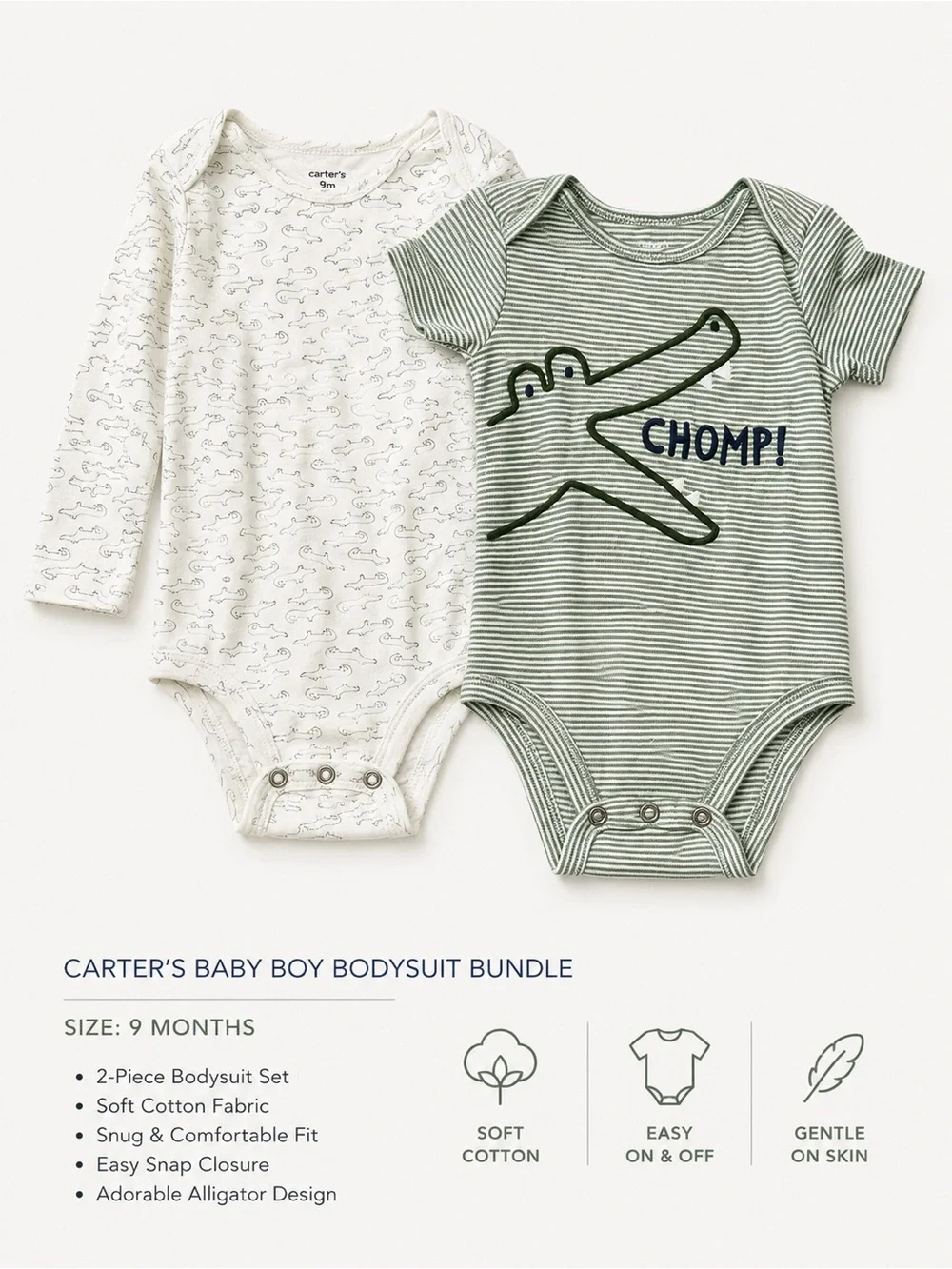 Carter’s Baby Boy 9M Alligator Bodysuit Bundle 2-Piece Long & Short Sleeve Set